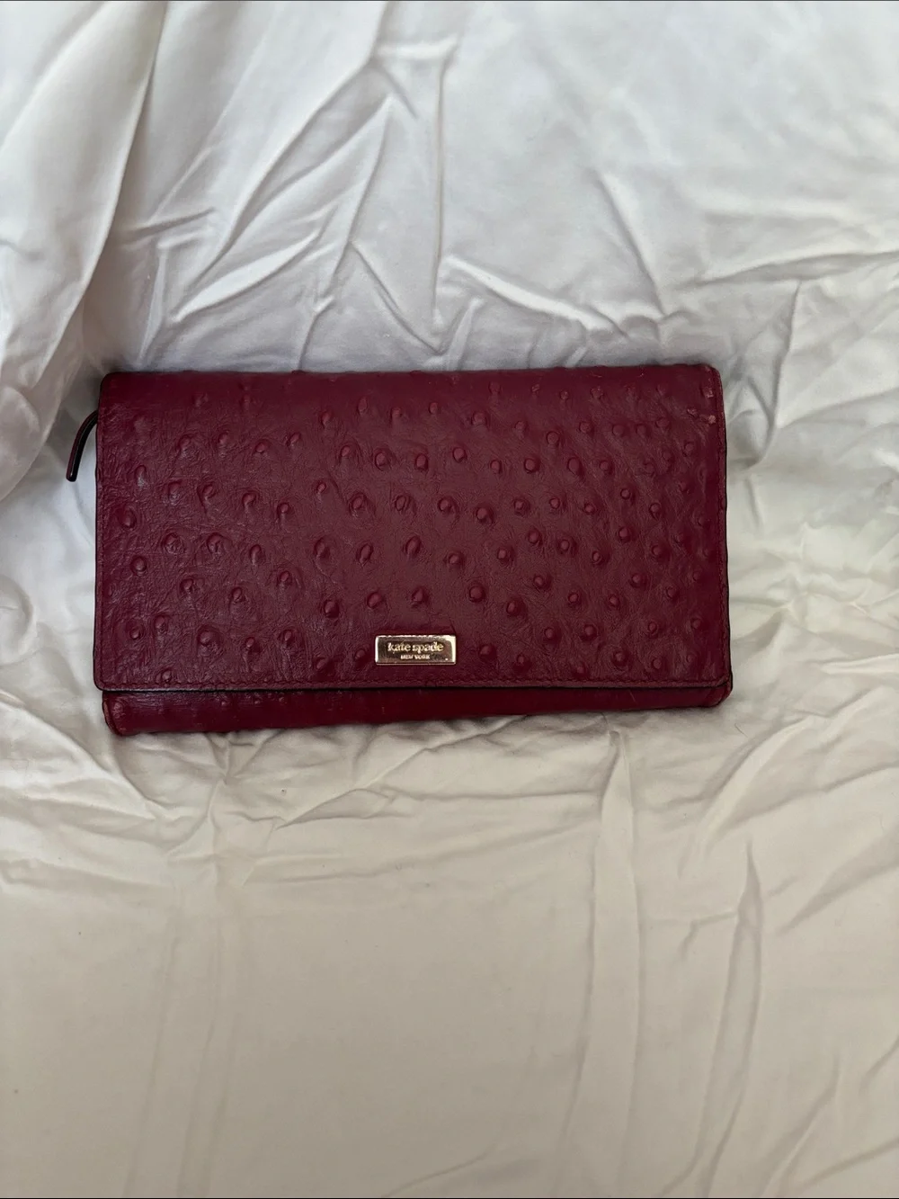 kate spade Deep Red Ostrich-Texture Foldover Wallet